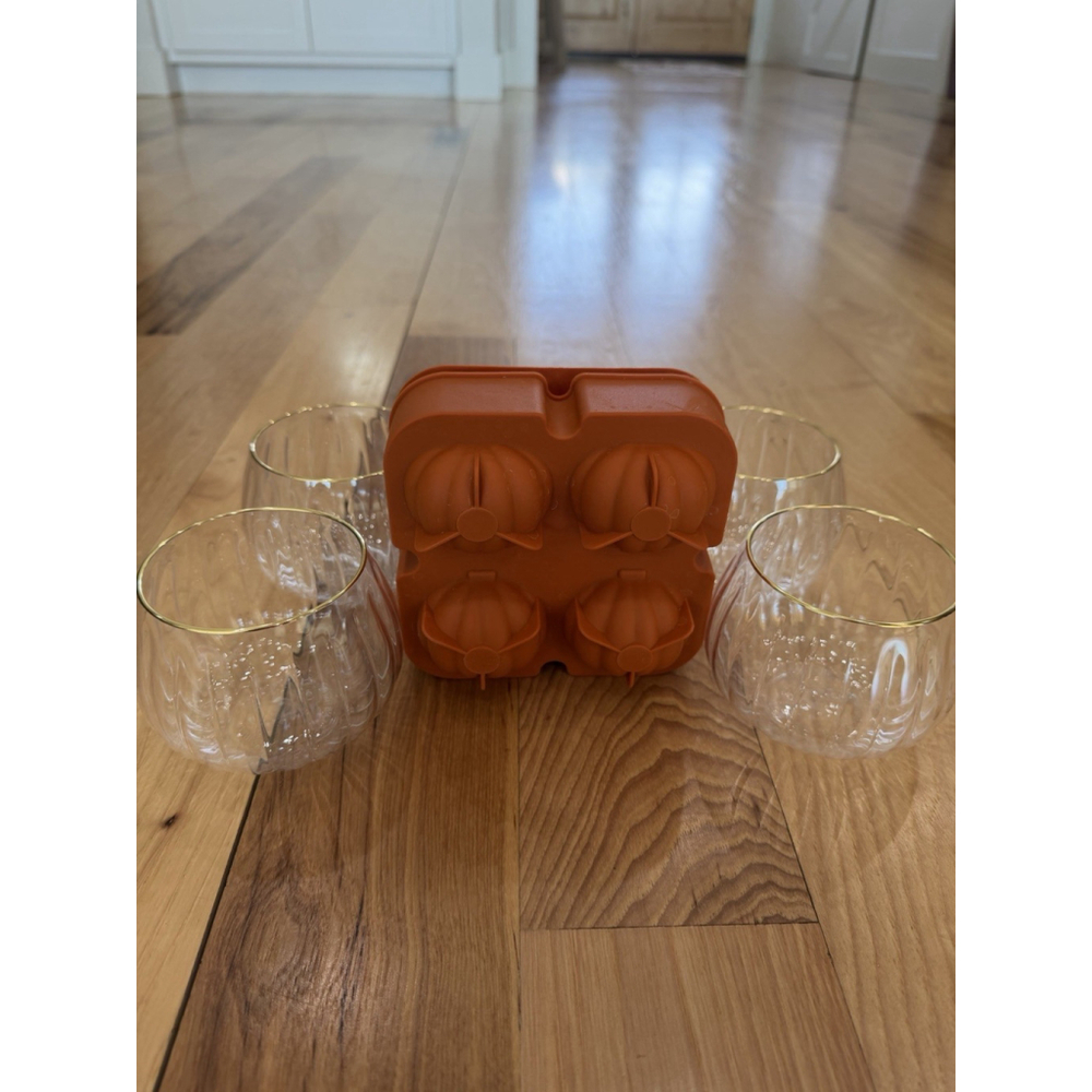 Fall Cocktail Set Pumpkin Ice Mold + 4 Plastic Gold Rim Glasses Lot Of 5